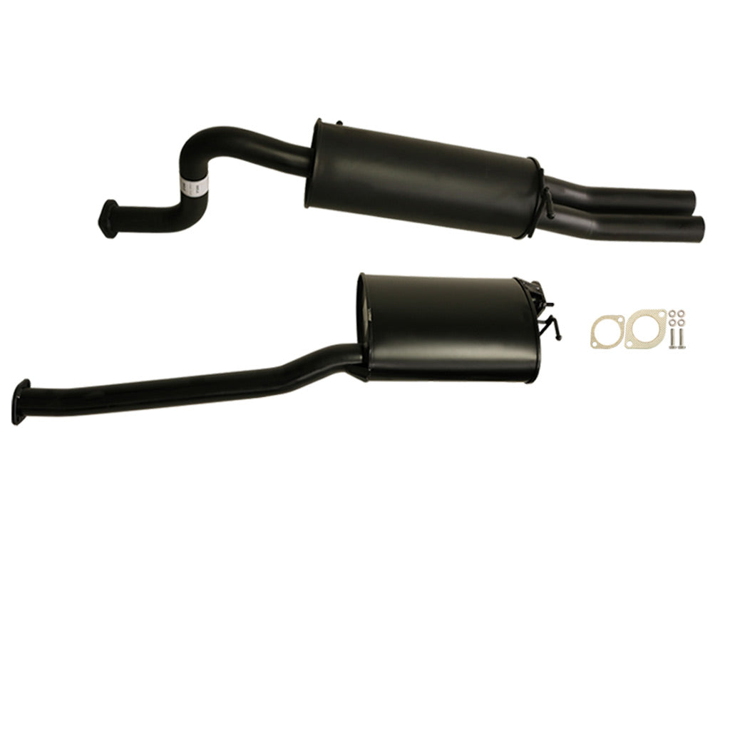 Two black steel mufflers with pipes and mounting hardware for Ford Falcon FG 6Cyl Tub And XR6 Ute 2.5" Cat Back Exhaust Muffler Front And Rear