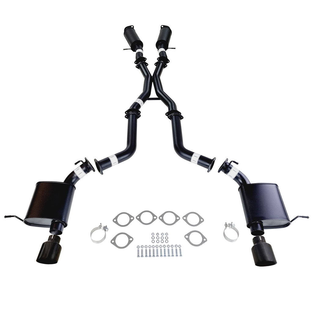 Twin 3" Cat Back Exhaust For SRT Jeep Grand Cherokee 2012 - 21 BC Tips with mufflers, clamps, and installation hardware shown
