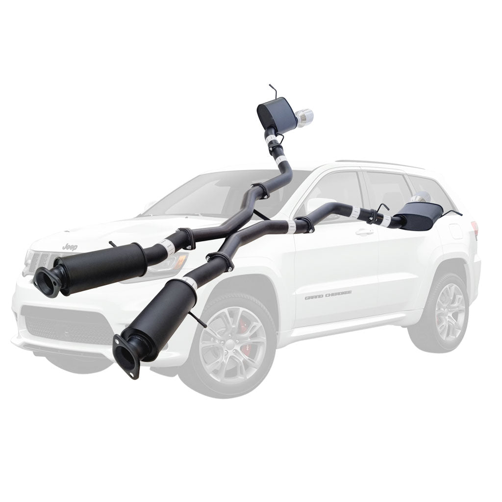 Twin 3" Cat Back Exhaust For SRT Jeep Grand Cherokee 2012-21 SS Tips shown with black coated piping and mufflers.