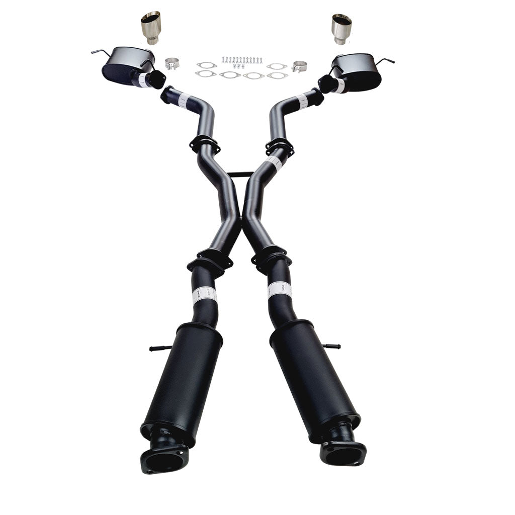 Twin 3" Cat Back Exhaust For SRT Jeep Grand Cherokee 2012-21 SS Tips with stainless steel pipes and mufflers shown with hardware kit.