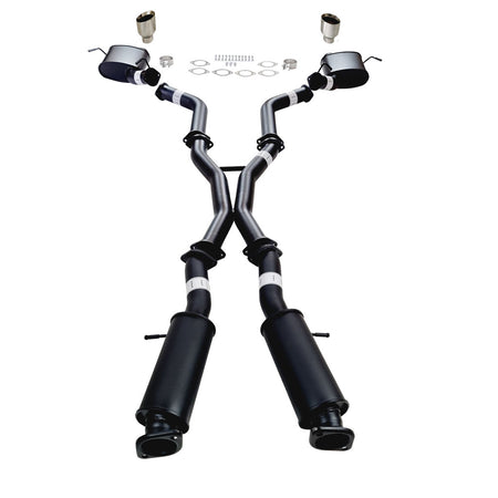 Twin 3" Cat Back Exhaust For SRT Jeep Grand Cherokee 2012-21 SS Tips with stainless steel pipes and mufflers shown with hardware kit.