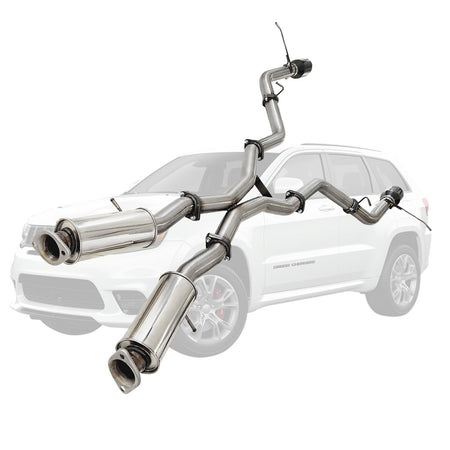3" Cat Back Stainless Exhaust For SRT Jeep Grand Cherokee Twin Pipe Rear 2012 to 2021 BC Tip Option shown with stainless steel twin pipes and mufflers