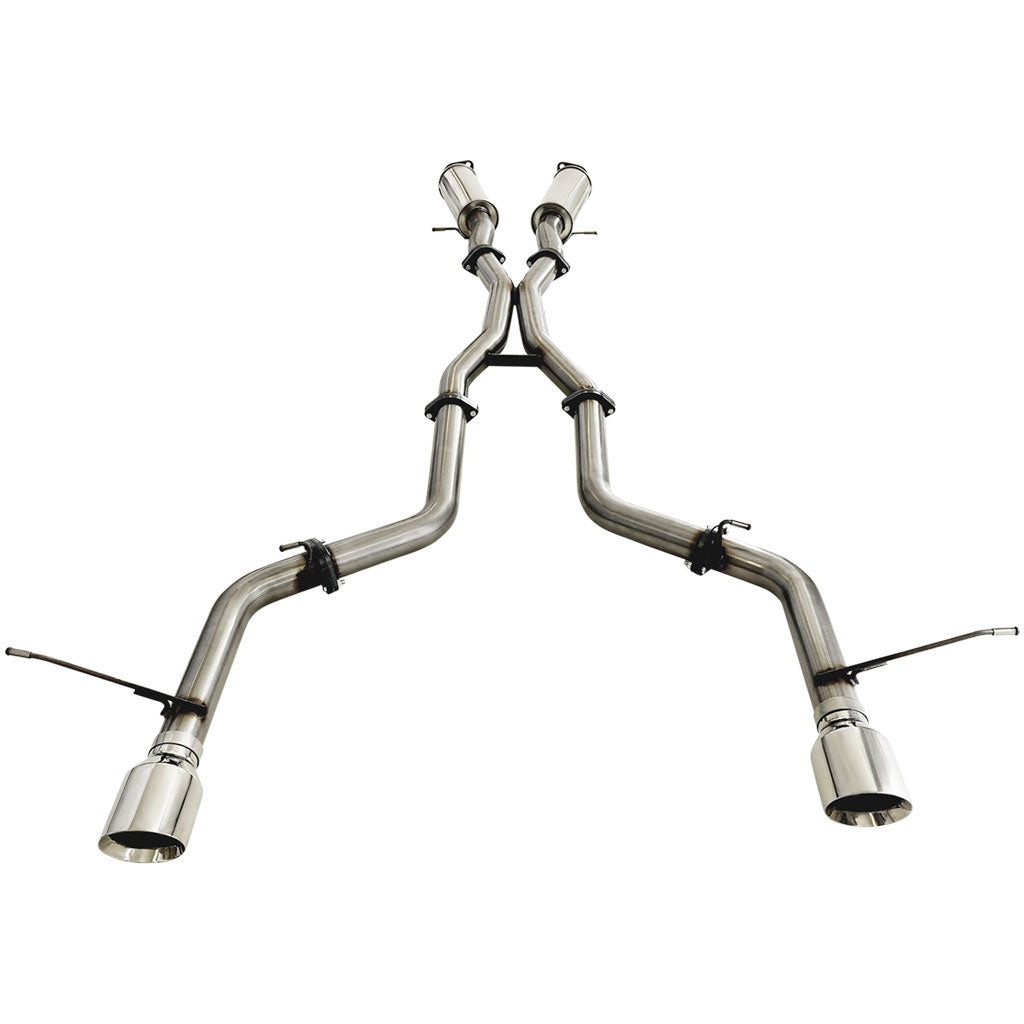 3" Cat Back Stainless Exhaust For SRT Jeep Grand Cherokee Twin Pipe Rear 2012 to 2021 Chrome Tip Option shown in stainless steel with twin rear pipes and chrome tips.