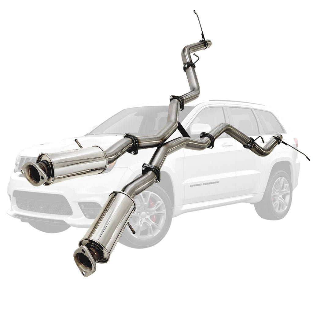 3" Cat Back Stainless Exhaust For SRT Jeep Grand Cherokee Twin 2012 to 2021 OE Tip Option shown with stainless steel pipes and mufflers.