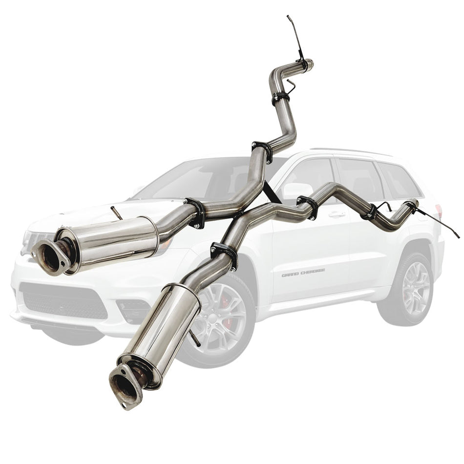 3" Cat Back Stainless Exhaust For SRT Jeep Grand Cherokee Twin 2012 to 2021 OE Tip Option shown with stainless steel pipes and mufflers.