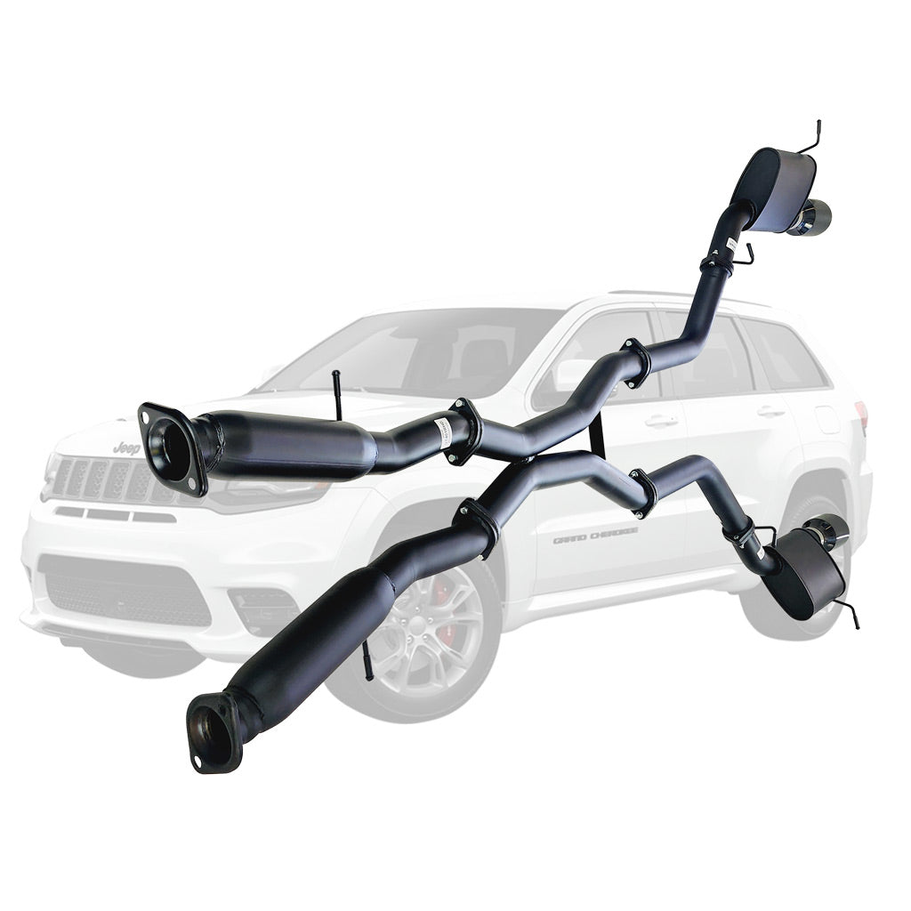 Twin 3 Inch Cat Back Exhaust Centre Hotdogs For SRT Jeep Grand Cherokee 2012 to 2021 BC Tips in black steel with mufflers and dual exhaust pipes