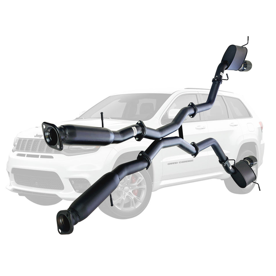 Twin 3 Inch Cat Back Exhaust Centre Hotdogs For SRT Jeep Grand Cherokee 2012 to 2021 BC Tips in black steel with mufflers and dual exhaust pipes
