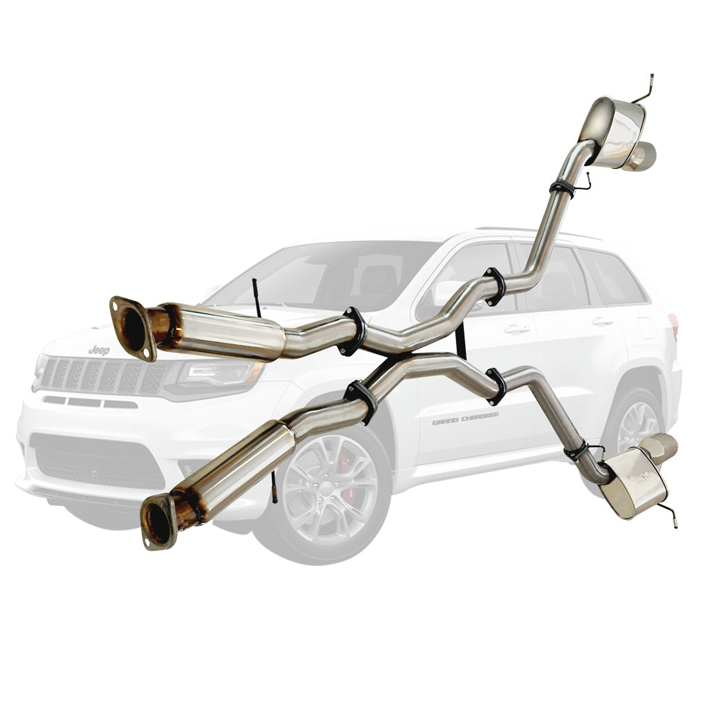 3 Inch Cat Back Stainless Steel Exhaust With Centre Hotdogs For SRT Jeep Grand Cherokee 6.4 2012 - 2021 SS Tips displayed with dual outlet pipes.