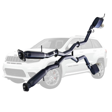 Twin 3 Inch Cat Back Exhaust With Centre Hotdogs For SRT Jeep Grand Cherokee 2012 to 2021 SS Tips in black steel finish