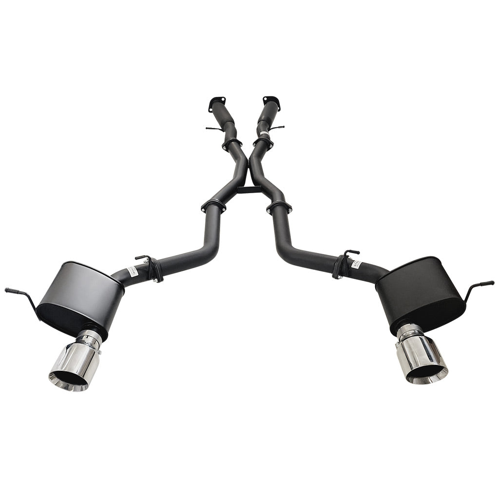Twin 3 Inch Cat Back Exhaust With Centre Hotdogs For SRT Jeep Grand Cherokee 2012 to 2021 SS Tips in black coated steel with stainless steel tips.