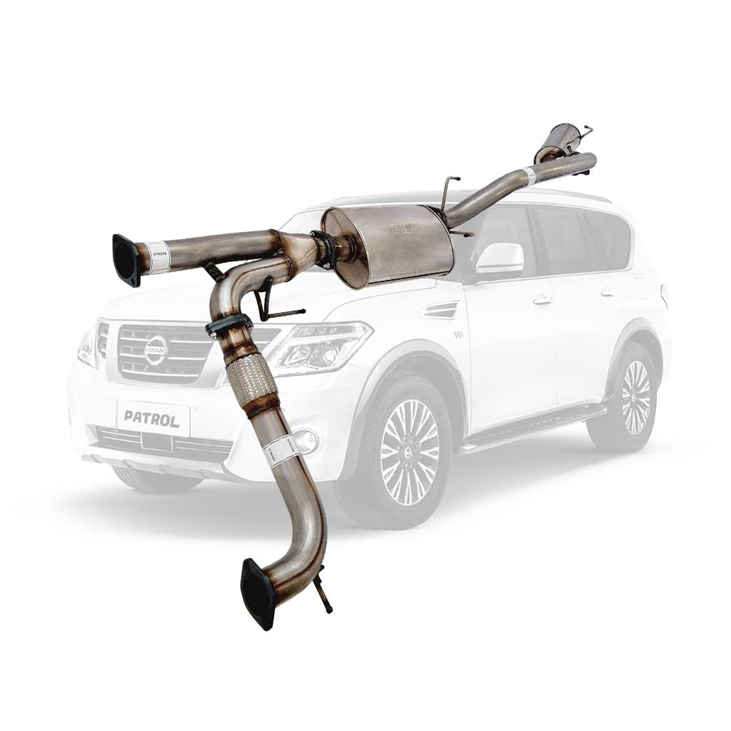 Nissan Y62 Patrol 3" Stainless Exhaust with Center And Rear Muffler showing tubular design and welded joints