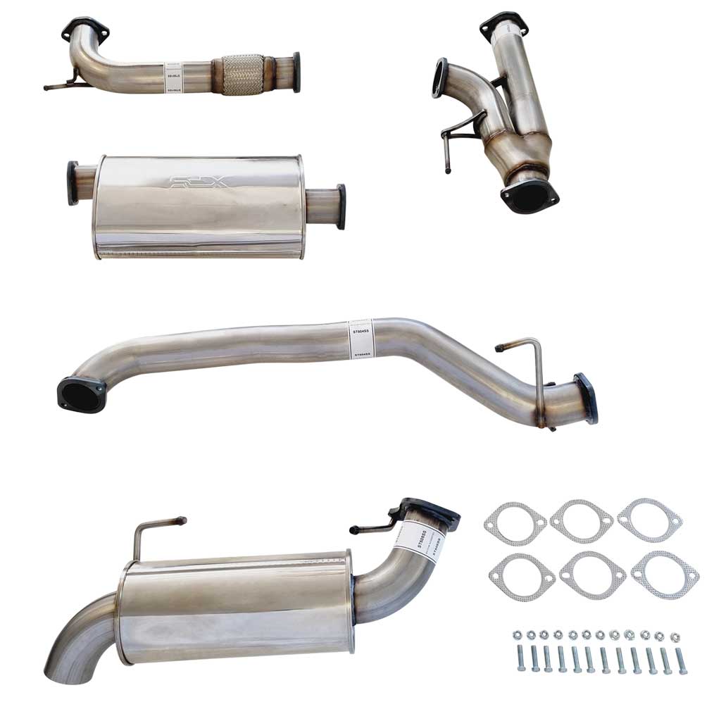 Nissan Y62 Patrol 3" Stainless Exhaust with Center And Rear Muffler kit with pipes, mufflers, gaskets, and bolts for replacement use.