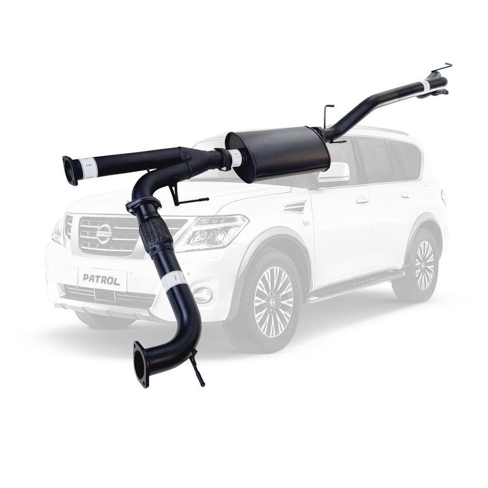 Nissan Y62 Patrol 3 Inch Cat Back Exhaust with Center Muffler and Straight Tail in black coated steel with mounting brackets