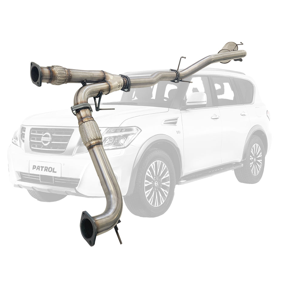 Nissan Y62 Patrol 8cyl 5.6L V8 3 Inch Stainless Steel Exhaust With Centre Pipe And Rear Muffler displayed with vehicle background.