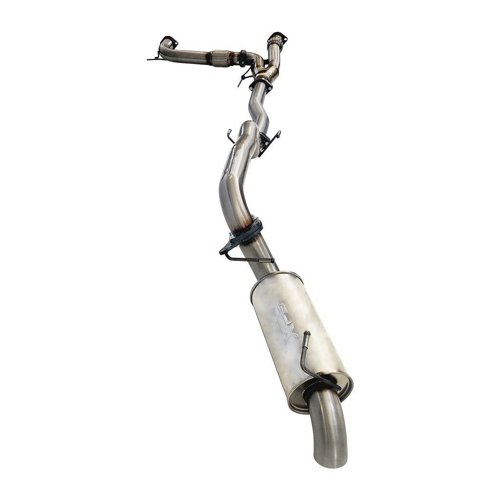 Nissan Y62 Patrol 8cyl 5.6L V8 3 Inch Stainless Steel Exhaust With Centre Pipe And Rear Muffler visible with mandrel bends and welded joints.