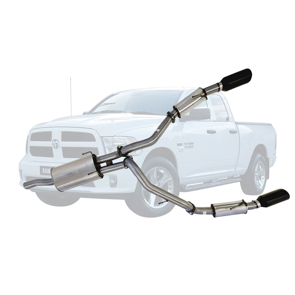 Ram 1500 DS Classic Stainless Steel Exhaust System - Twin 3 Inch Cat Back with 5 Inch Black Chrome Tips shown with muffler and dual tailpipes