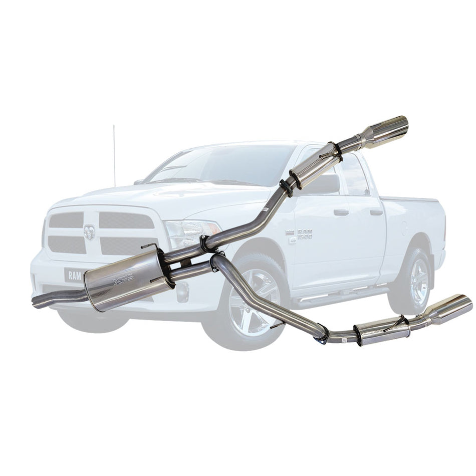 Ram 1500 DS Classic Stainless Steel Exhaust System - Twin 3 Inch Cat Back with 5 Inch Polished Chrome Tips shown with truck background