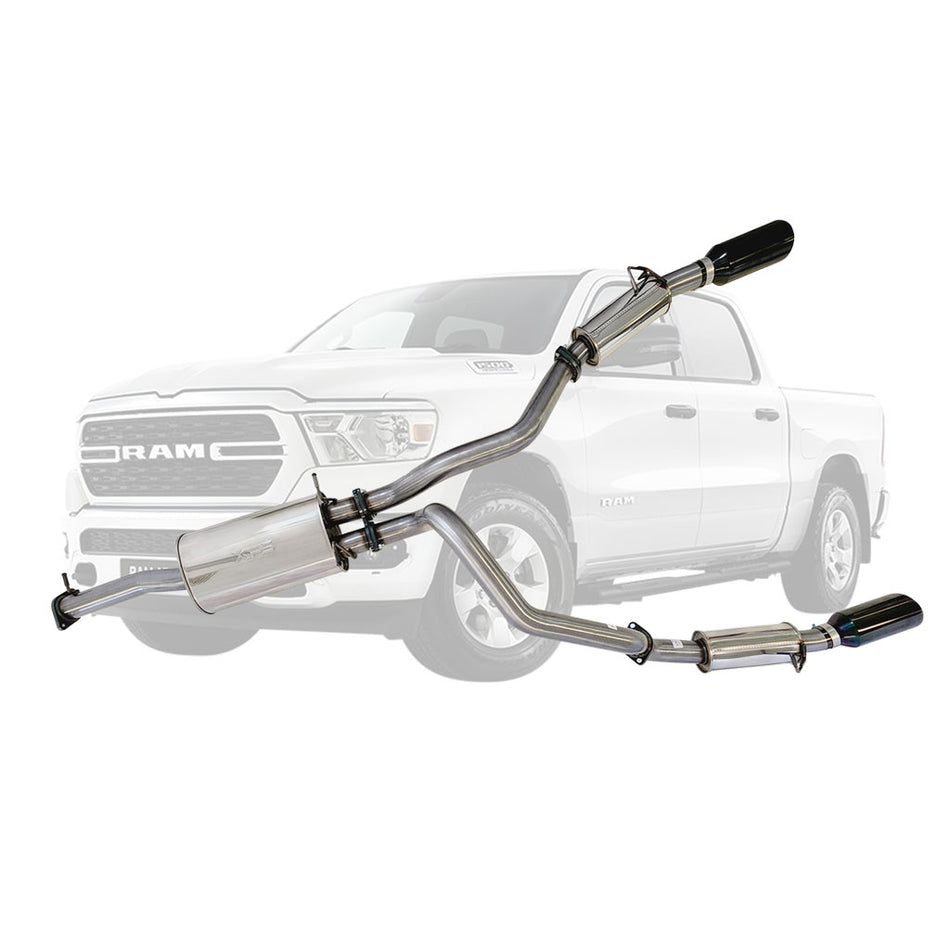 Ram 1500 DT Stainless Steel Exhaust System - Twin 3 Inch Cat Back with 5 Inch Black Chrome Tips for Limited and Laramie shown with stainless steel tubing and muffler