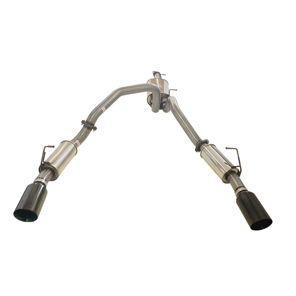 Ram 1500 DT Stainless Steel Exhaust System - Twin 3 Inch Cat Back with 5 Inch Black Chrome Tips for Limited and Laramie showing stainless steel tubes and black chrome exhaust tips.