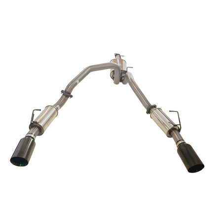 Ram 1500 DT Stainless Steel Exhaust System - Twin 3 Inch Cat Back with 5 Inch Black Chrome Tips for Limited and Laramie showing stainless steel tubes and black chrome exhaust tips.