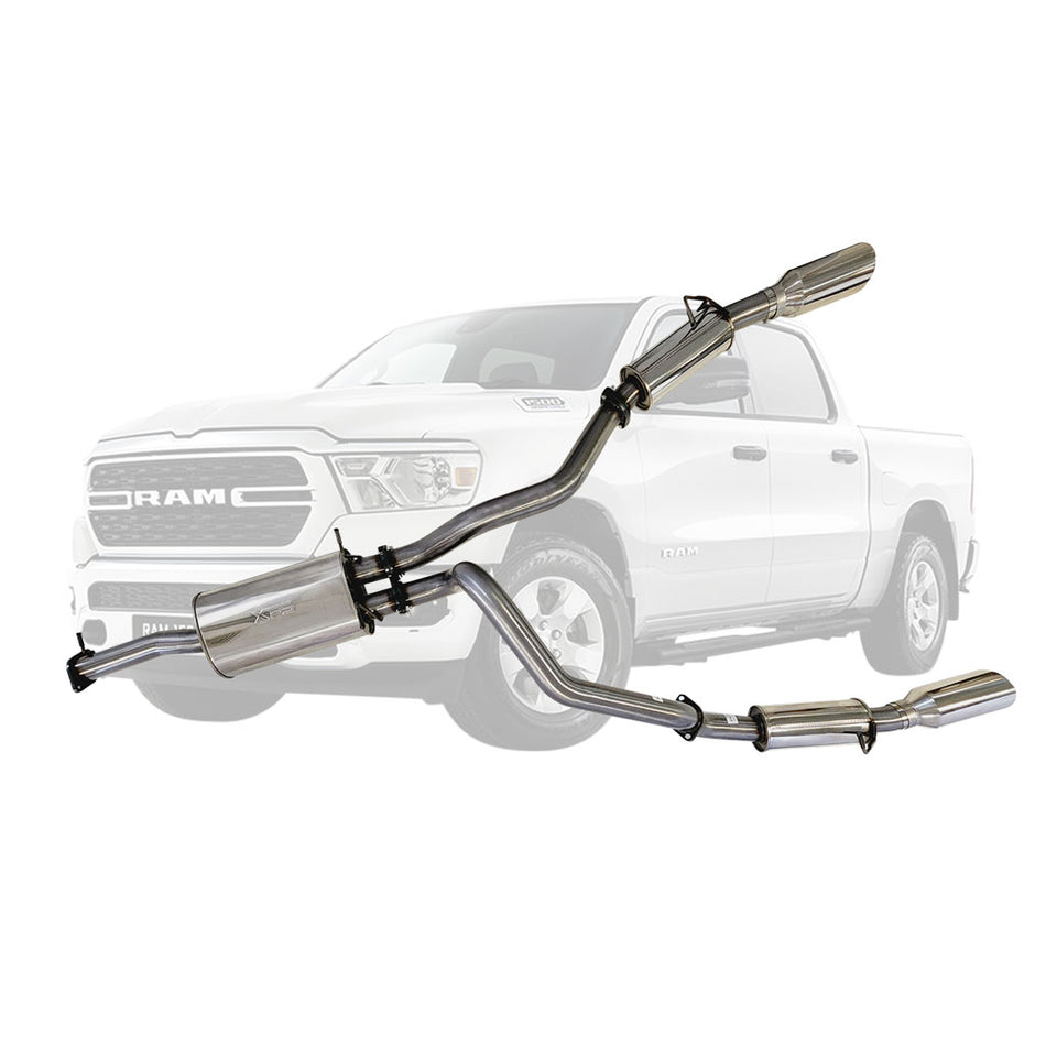 Ram 1500 DT Stainless Steel Exhaust System - Twin 3 Inch Cat Back with 5 Inch Polished Chrome Tips for Limited and Laramie shown with truck outline