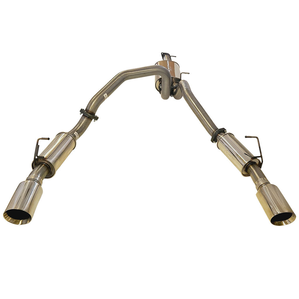 Ram 1500 DT Stainless Steel Exhaust System - Twin 3 Inch Cat Back with 5 Inch Polished Chrome Tips for Limited and Laramie showing dual polished tailpipes and mandrel bent tubing