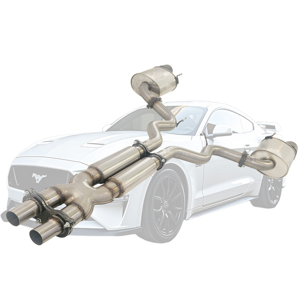 Ford Mustang FM 5.0l Coyote V8 GT Fastback Coupe 3" Twin Stainless Cat back Exhaust With Mufflers and Black Chrome Tips displayed front view