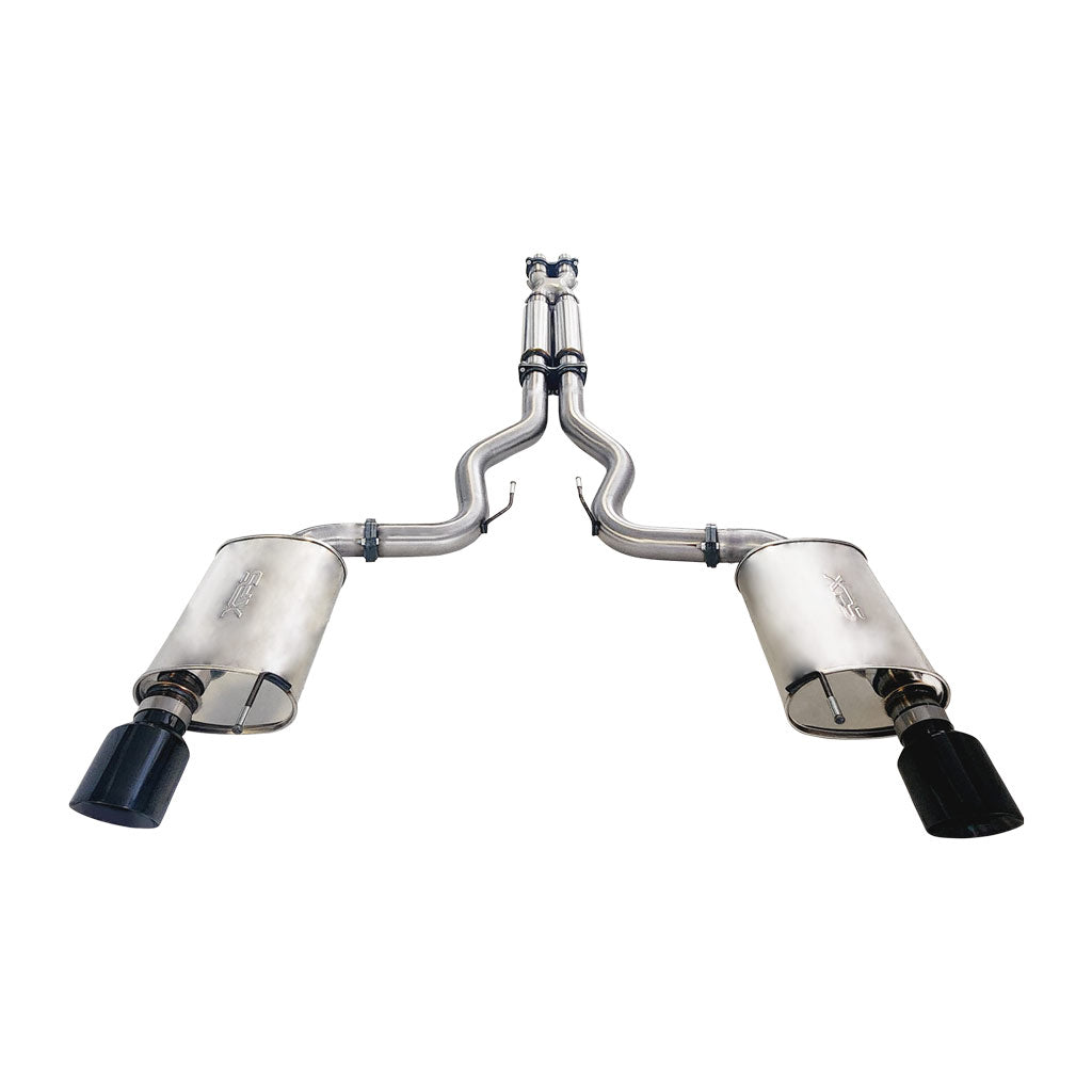 Ford Mustang FM 5.0l Coyote V8 GT Fastback Coupe 3" Twin Stainless Cat back Exhaust With Mufflers and Black Chrome Tips visible on white background