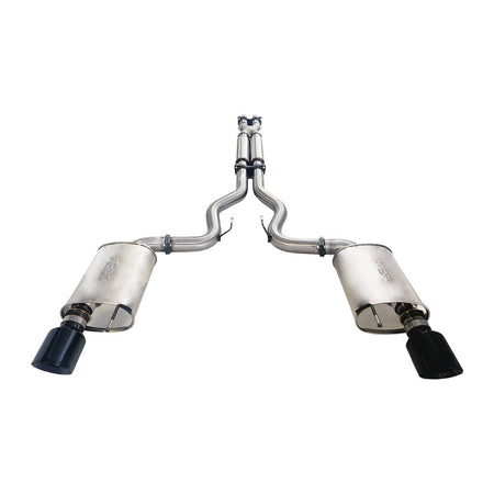 Ford Mustang FM 5.0l Coyote V8 GT Fastback Coupe 3" Twin Stainless Cat back Exhaust With Mufflers and Black Chrome Tips visible on white background
