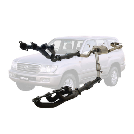 Toyota Landcruiser 100 Series Uzj100r Wagon 4.7l 3" Stainless Steel Full Exhaust Kit showing extractors, cats and cat-back system with muffler