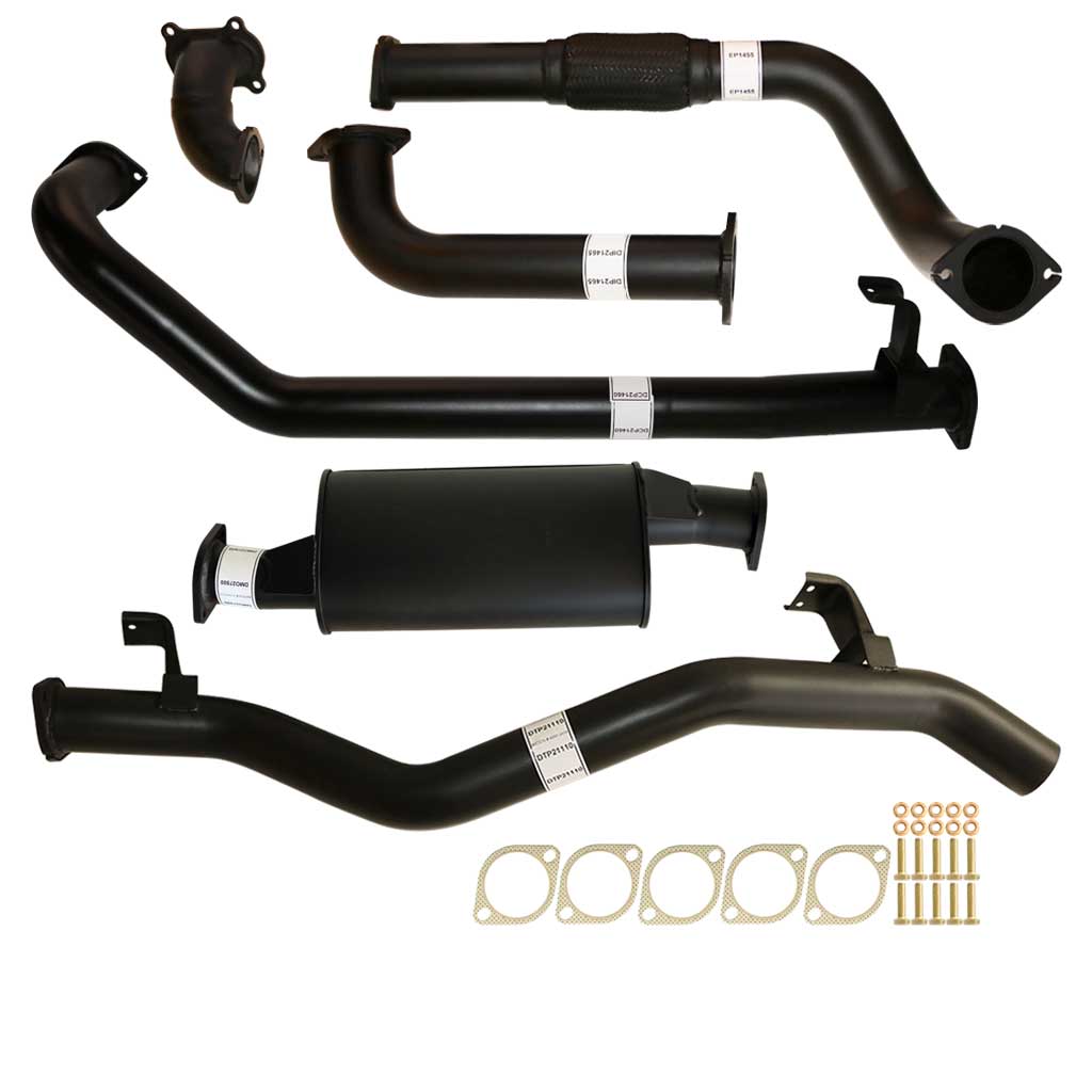 Toyota Landcruiser 79 Series HDJ79 S Cab Ute 3 Inch Turbo Back Exhaust with black coated steel pipes and muffler components.