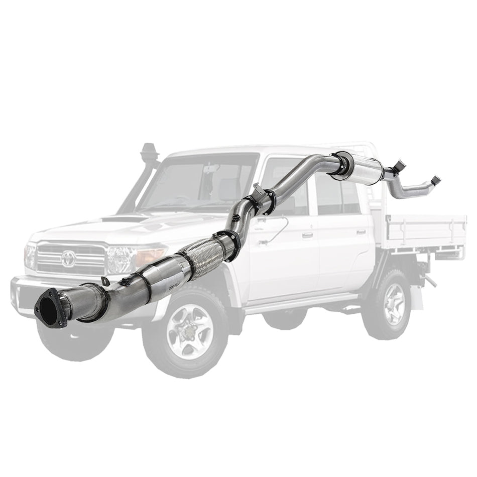 Toyota Landcruiser 79 Series VDJ79 UTE 4.5L V8 2016-On 4 Inch Stainless Turbo Back DPF Model Exhaust system displayed over vehicle background