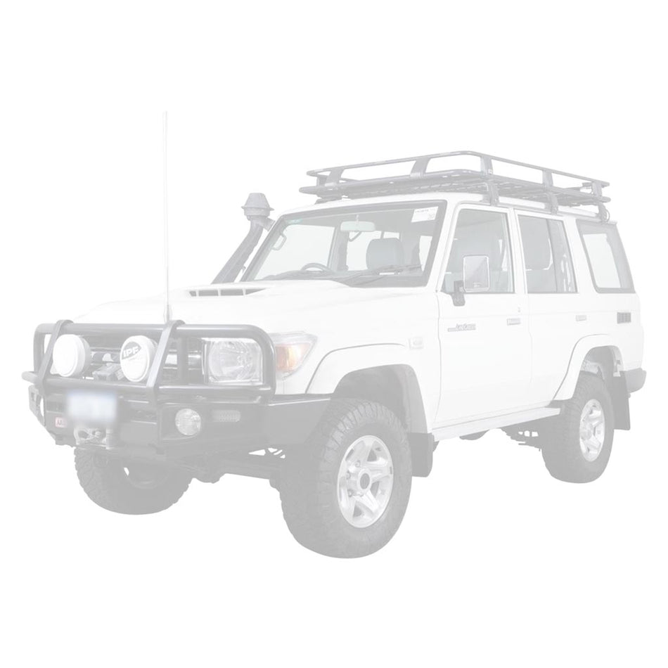 Toyota Landcruiser 76 Series VDJ76R V8 MY17 3 Inch DPF Back Exhaust installed on white 4x4 vehicle, stainless steel material