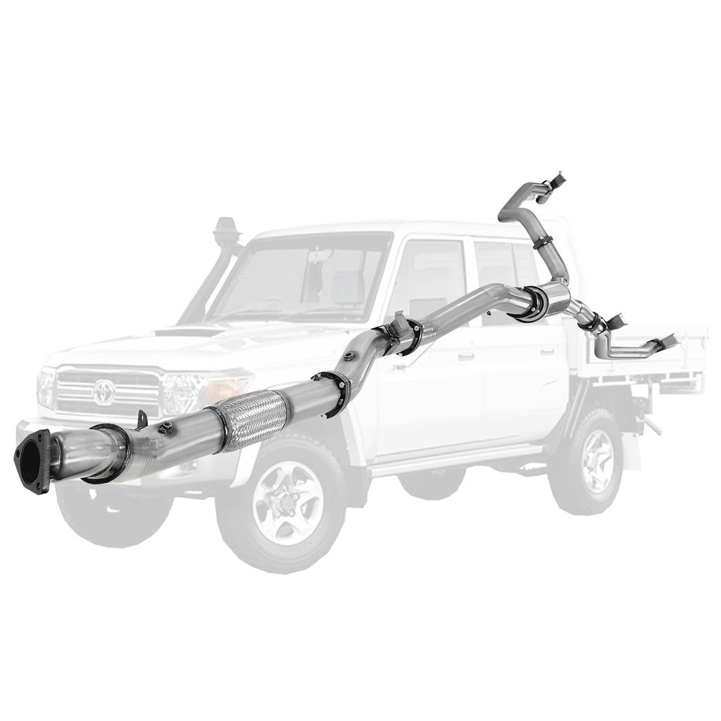 Toyota Landcruiser 79 Series VDJ79 4.5L V8 4 Inch Single into Twin 3 Inch Turbo Back DPF Delete exhaust system in stainless steel