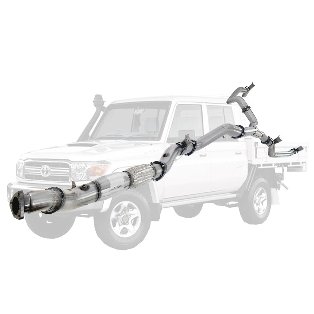 Toyota Landcruiser 79 Series VDJ79 4.5L V8 4 Inch Single into Twin 3 Inch Turbo Back DPF Delete exhaust system in stainless steel