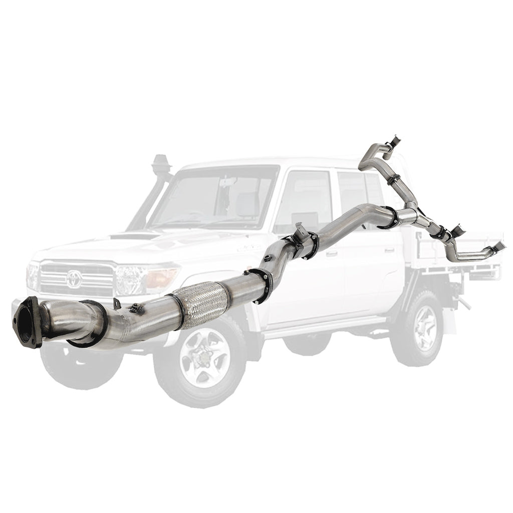 Toyota Landcruiser 79 Series VDJ79 4.5L V8 4 Inch Single into Twin 3 Inch Turbo Back DPF Delete exhaust system in stainless steel