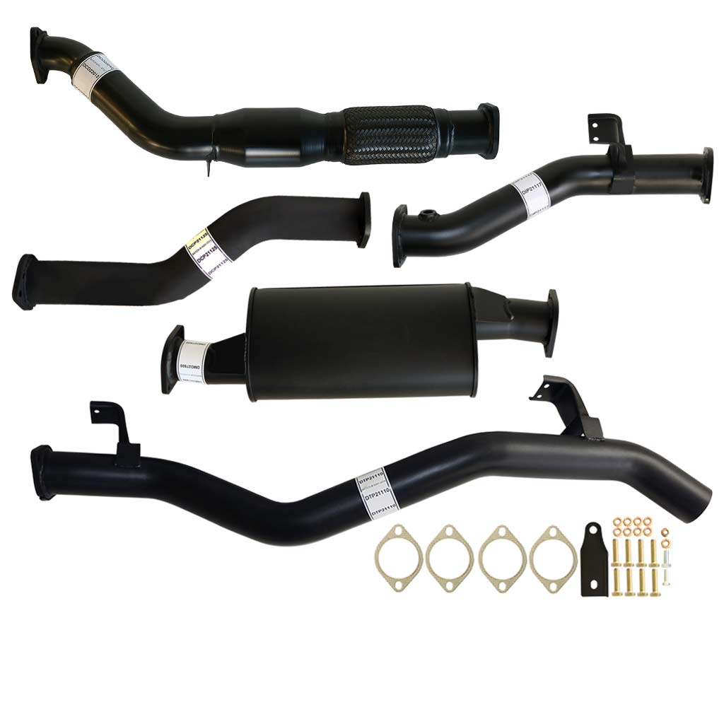 Toyota Landcruiser 79 Series VDJ79R V8 Ute 2017 On 3 Inch Turbo Back Exhaust components in black coated steel with gaskets and fittings.