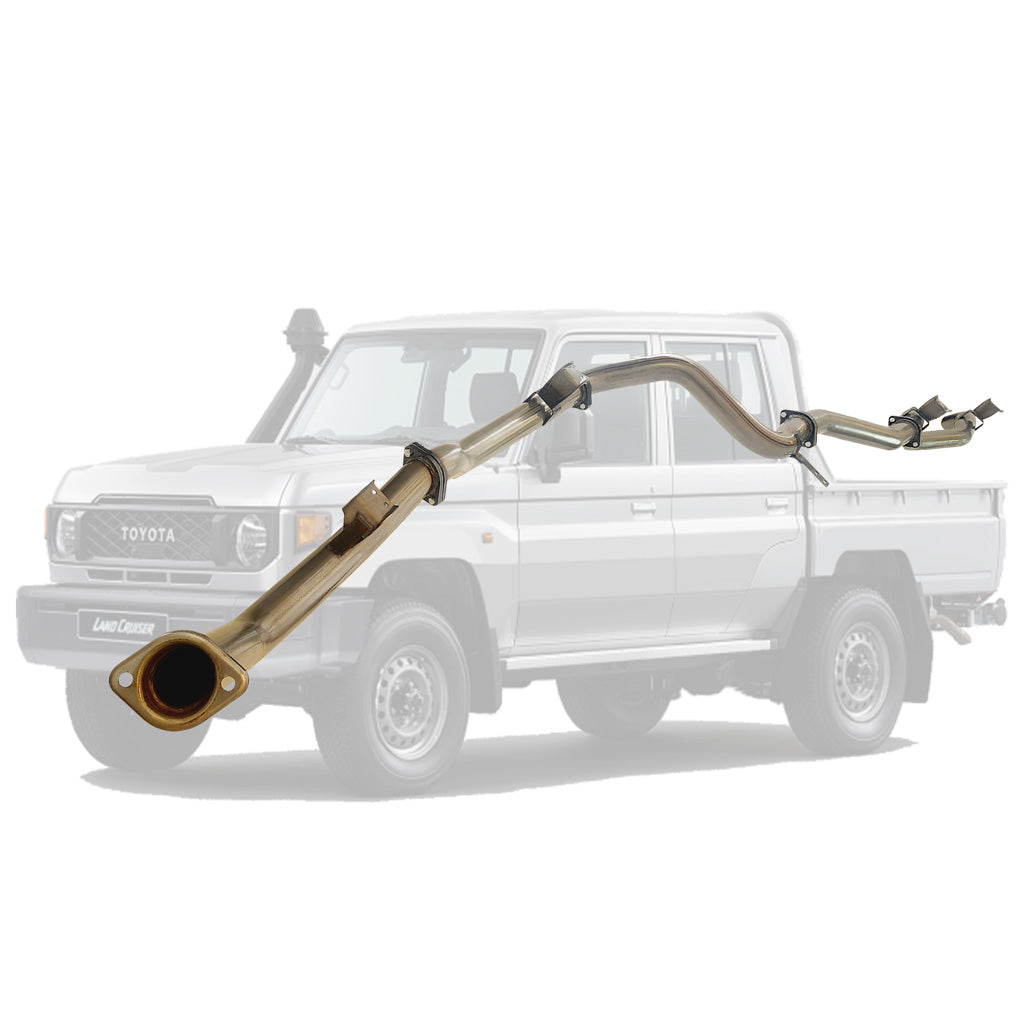 Toyota Landcruiser 79 Series GDJ79 Dcab Ute 2.8L 2023 On 3" Stainless DPF Back Exhaust system displayed with vehicle outline
