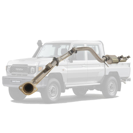 Toyota Landcruiser 79 Series GDJ79 Dcab Ute 2.8L 2023 On 3" Stainless DPF Back Exhaust system displayed with vehicle outline
