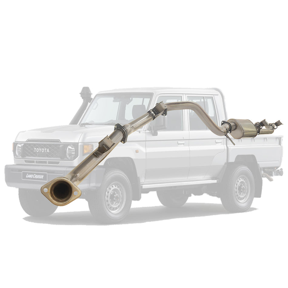 Toyota Landcruiser 79 Series GDJ79 Dcab Ute 2.8L 2023 On 3" Stainless DPF Back Exhaust system displayed with vehicle outline