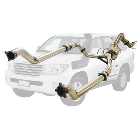 Toyota Landcruiser 200 Series V8 Wagon Twin 3 Inch Into 4 Inch Turbo Back Exhaust stainless steel system displayed over vehicle outline