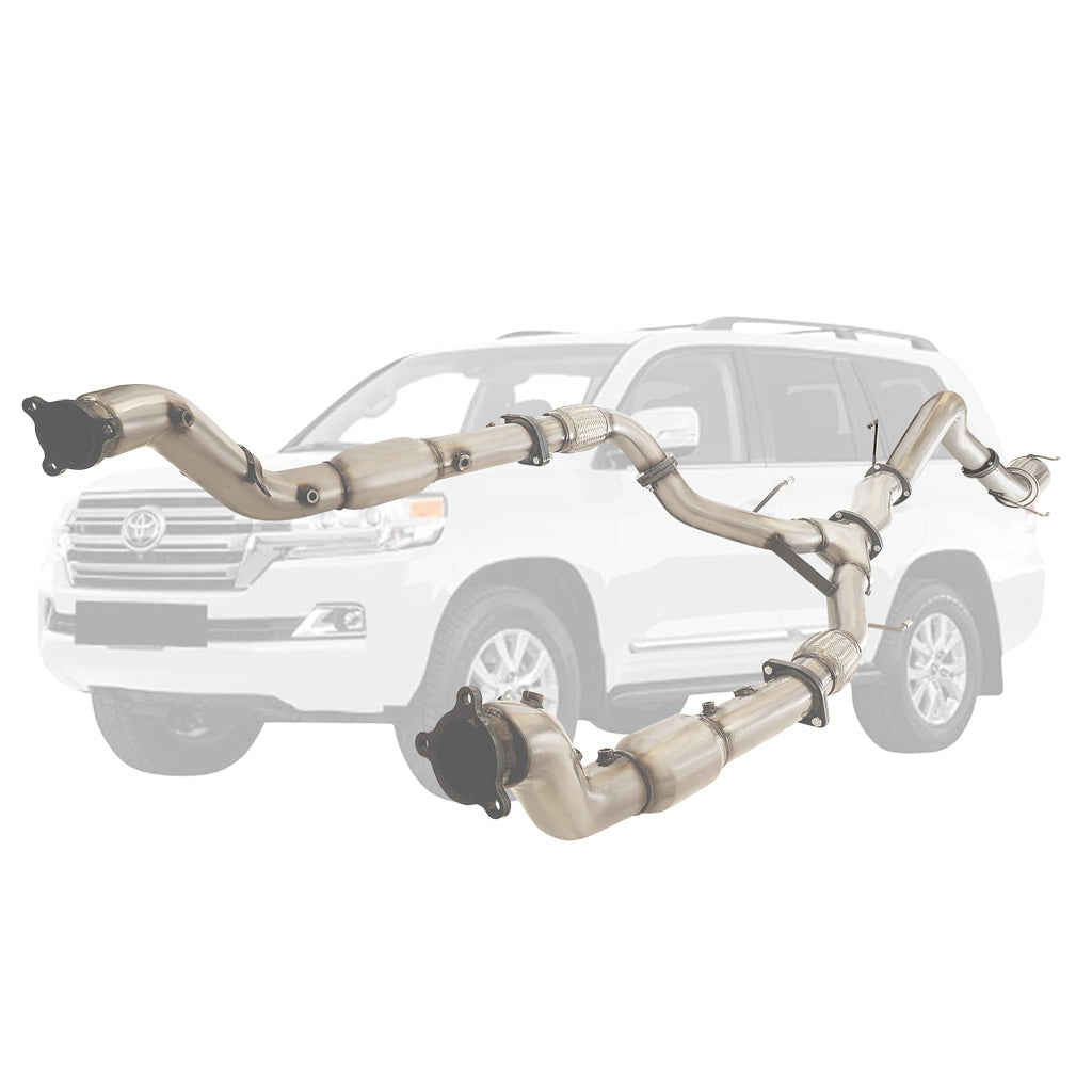 Toyota LandCruiser 200 Series 4.5L (2016-On) Twin 3" to Single 4" Stainless Steel Turbo Back DPF Delete Exhausts displayed with vehicle outline