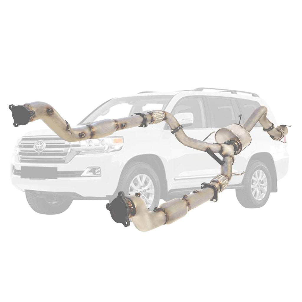 Toyota LandCruiser 200 Series 4.5L (2016-On) Twin 3" to Single 4" Stainless Steel Turbo Back DPF Delete Exhausts displayed with vehicle background