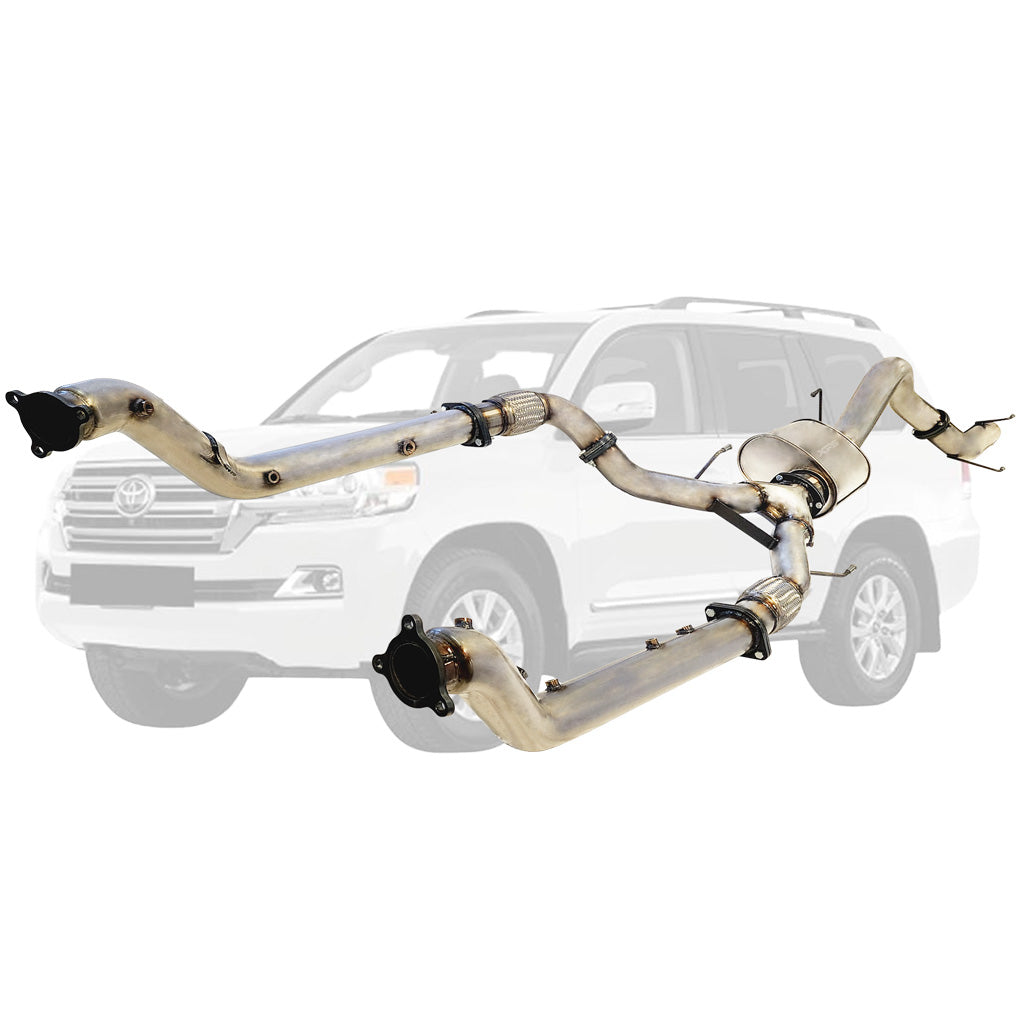 Toyota LandCruiser 200 Series 4.5L (2016-On) Twin 3" to Single 4" Stainless Steel Turbo Back DPF Delete Exhausts shown with mounting flanges.