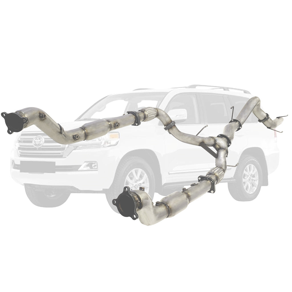 Toyota LandCruiser 200 Series 4.5L (2016-On) Twin 3" to Single 4" Stainless Steel Turbo Back DPF Delete Exhausts visible with vehicle background