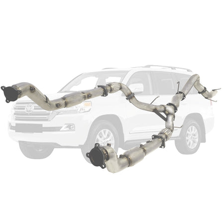 Toyota LandCruiser 200 Series 4.5L (2016-On) Twin 3" to Single 4" Stainless Steel Turbo Back DPF Delete Exhausts visible with vehicle background