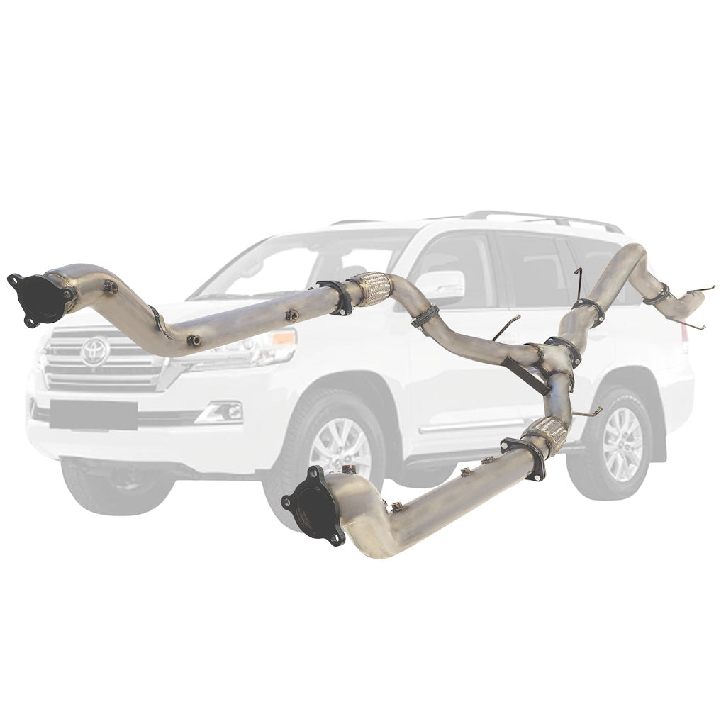 Toyota LandCruiser 200 Series 4.5L (2016-On) Twin 3" to Single 4" Stainless Steel Turbo Back DPF Delete Exhausts shown with SUV background