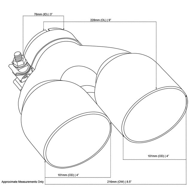 Exhaust Tip Y-Piece Inner Cone 3 Inch In - Dual 4 Inch Out 9" Long LHS 304SS