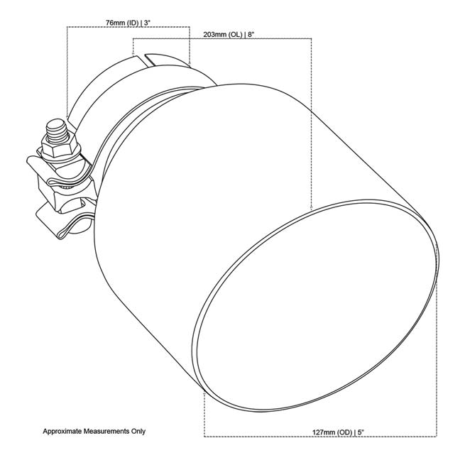 Exhaust Tip Angle Cut Inner Cone 3" In - 127mm Out 8" Long 304 Stainless