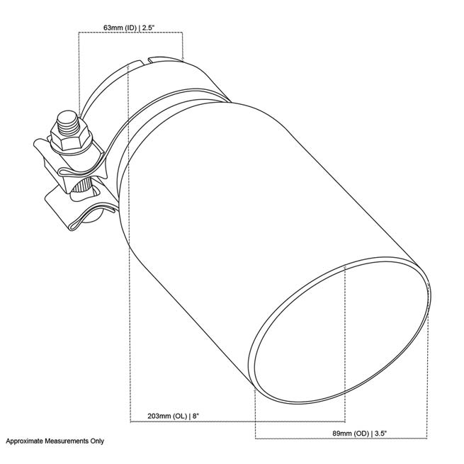 Exhaust Tip Angle Cut Inner Cone 2.5" In - 89mm Out 8" Long 304 Stainless